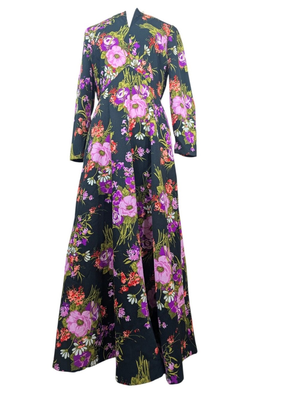 Vintage 1970s Black Floral Polyester Zip Up Maxi Hostess Dress. Medium